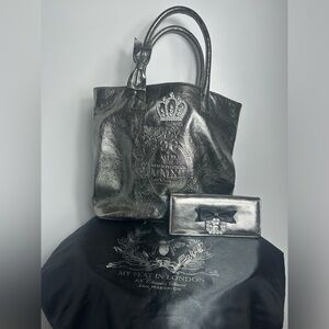 BRIGHTON MY FLAT IN LONDON KINGSTON TOTE  PLATINUM BOW JEWELED LEATHER EMBOSSED